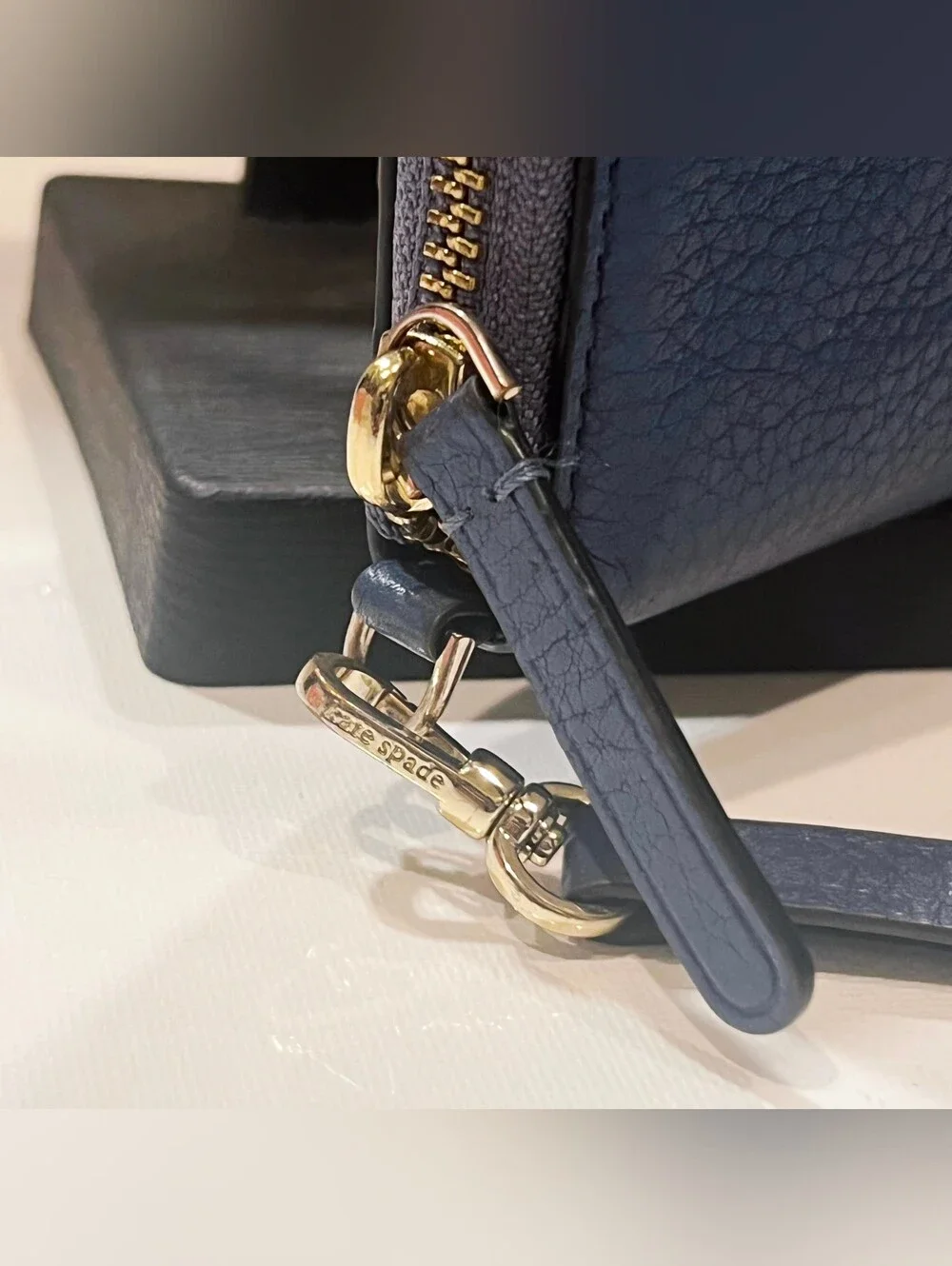 kate spade Blue Pebbled Leather Wristlet with Gold Logo